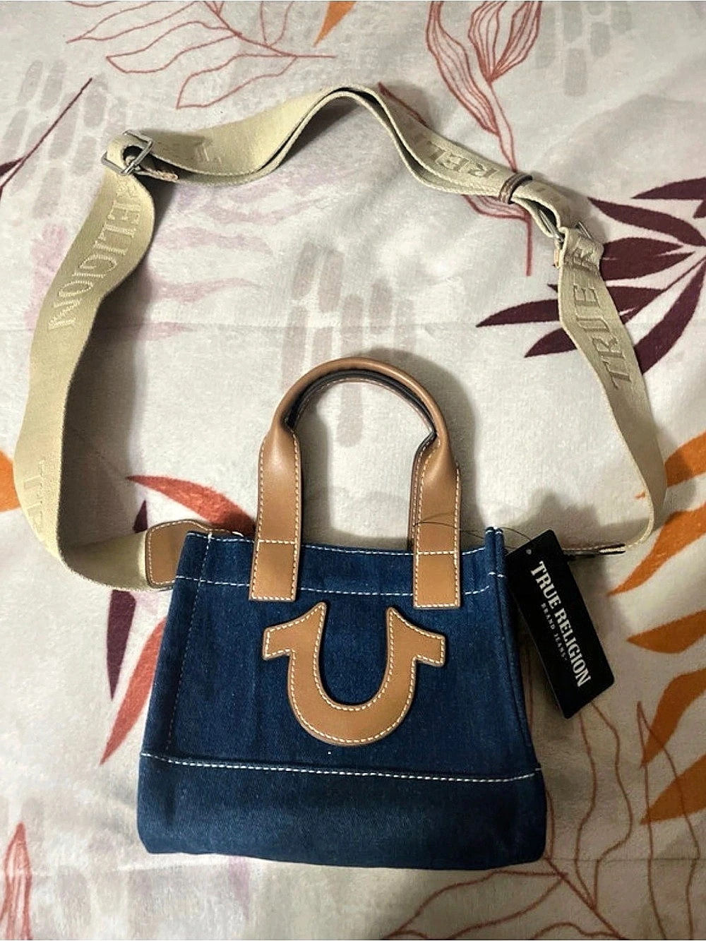 True Religion Mini Denim Logo Tote Bag Blue & Brown NWT